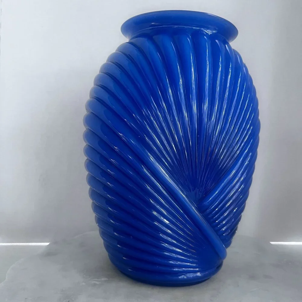 Vintage Glass Vase Blue Swirl Ribbed Decorative Art Deco Boho Contemporary‎ 10